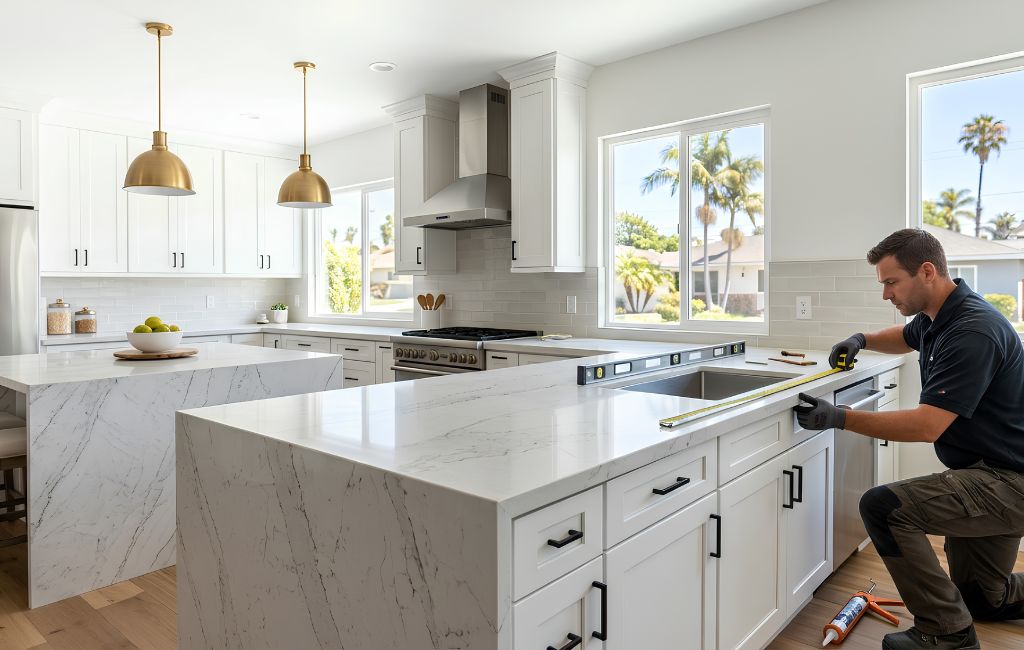 Expert installing granite countertop in a stylish residential kitchen in Lakewood California.
